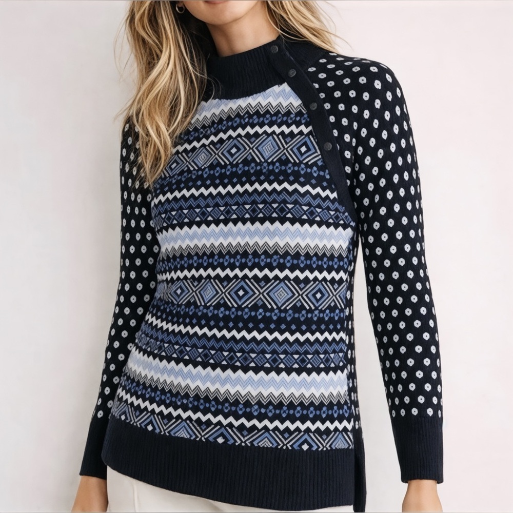 Talbots Fair Isle Cozy Thermolite Snap Button Mockneck Sweater In Blue Iris Sz M